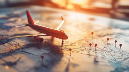 Airplane model on world map with pins, sunset.