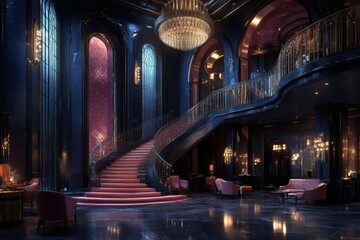 Elegant hotel lobby with grand staircase and crystal chandelier illuminating luxurious interior
