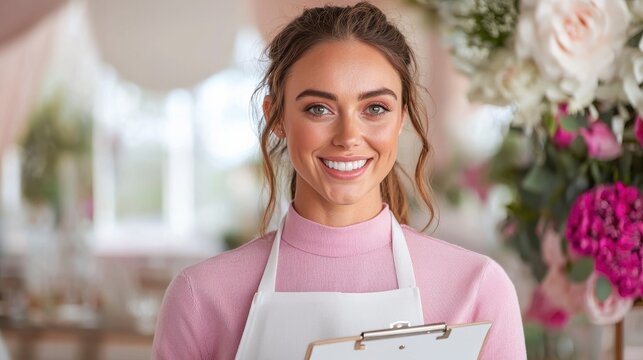 Smiling woman in pink shirt and white apron holds clipboard, standing near floral arrangements in a bright, airy indoor setting.