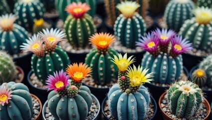 Colorful Cacti Variety with Vibrant Flowers in a Greenhouse Setting Perfect for Nature and Plant Enthusiasts
