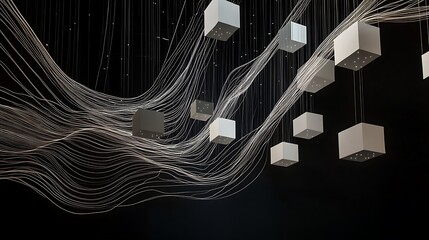 Abstract cubes suspended in a dark space with flowing lines. Possible use Interior design inspiration