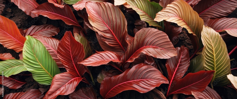 Poster vibrant cassava leaves in varying shades with reddish edges set against rich soil background and spa