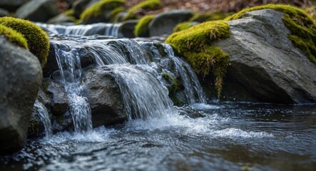 Tranquil small waterfall cascading over moss-covered boulders in a serene stream surrounded by nature's beauty.