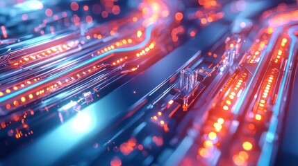 Abstract digital circuitry with glowing red and blue lines, intricate details, and a dark background. High tech, futuristic theme.