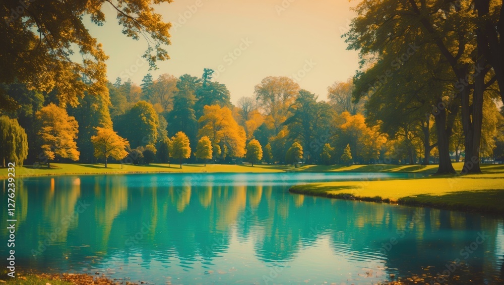 Poster serene autumn reflections at ellery lake surrounded by lush trees and tranquil waters with copy spac