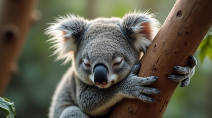 Fototapeta premium Sleepy Koala Clinging to a Tree Branch