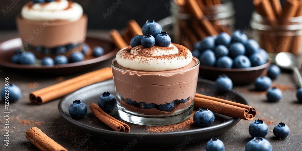Poster chocolate mousse dessert garnished with blueberries and cinnamon sticks on a rustic table with space