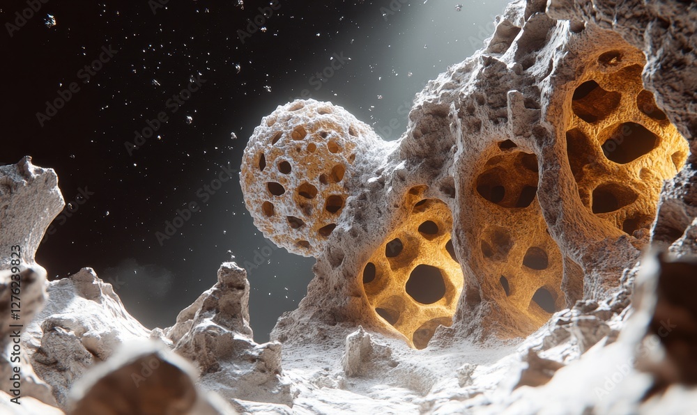 Poster intricate close-up of organic structures illuminated by ambient light in a surreal environment
