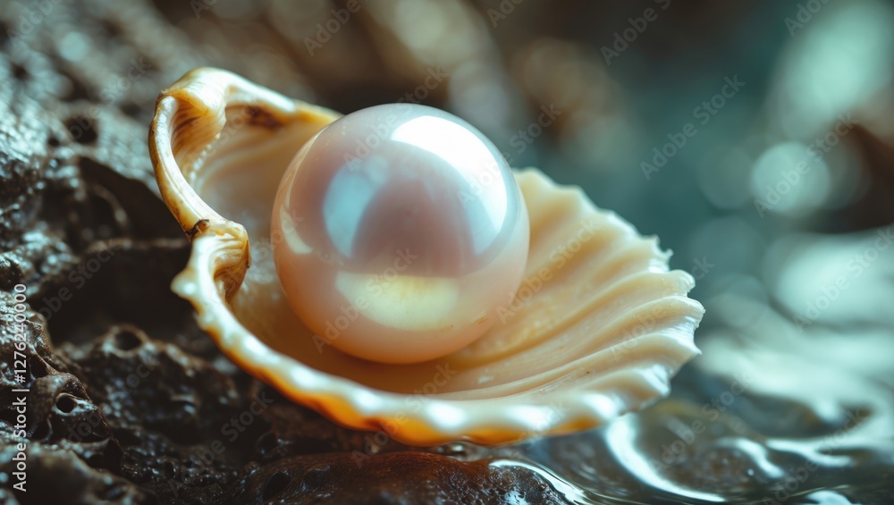 Poster close up of a lustrous organic pearl nestled in a shell on a natural textured surface with space for