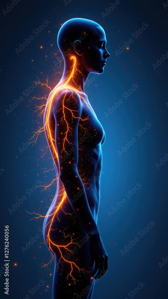Poster illustration of a humanoid robot with glowing neural pathways on its body, symbolizing intelligence 