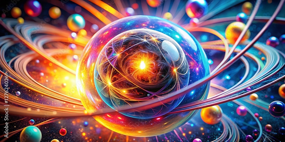 Poster macro atom sphere: glowing core, fluidic weave - abstract science concept