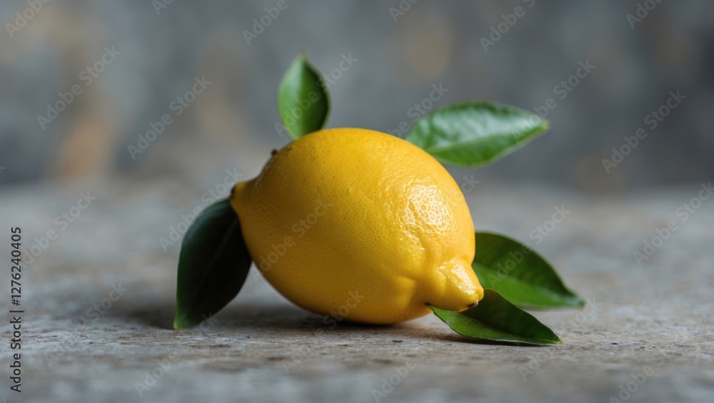 Aufkleber close up shot of a fresh whole lemon with green leaves on a textured surface and space for custom te