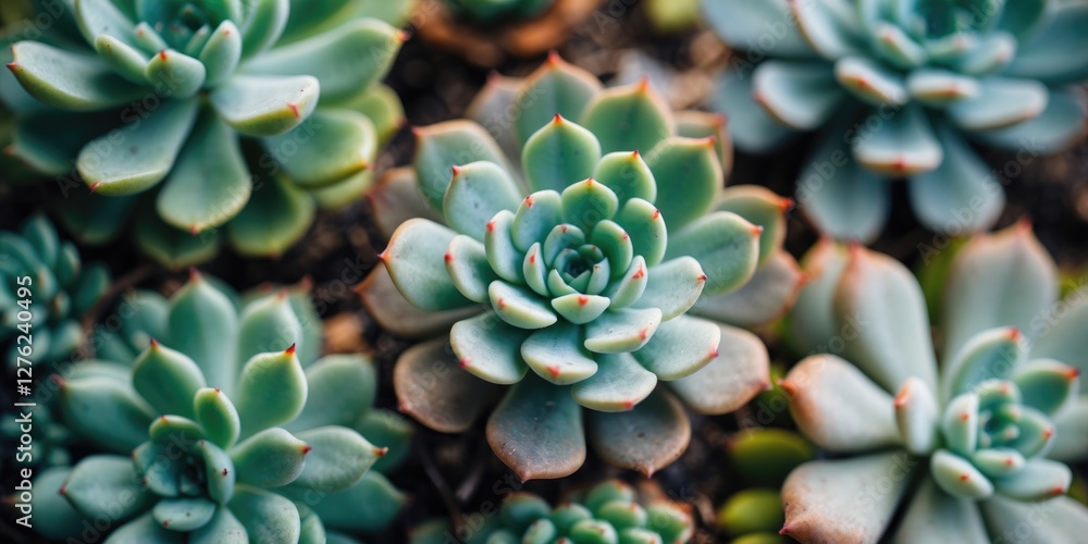Aufkleber close up of lush succulent plants with selective focus and blank space for custom text or design ele