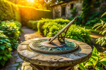 Macro Close-up of Antique Sundial on Stone Garden Platform