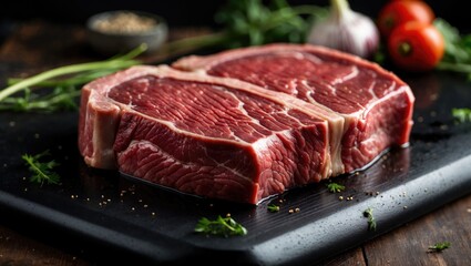 Fototapeta premium Close-Up Fresh T-Bone Steak Surrounded By Herbs And Vegetables On Dark Cutting Board Ready For Cooking