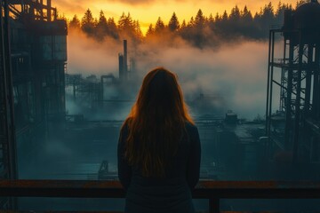 A woman gazes at a misty, abandoned industrial landscape at sunrise, evoking a sense of solitude and mystery.