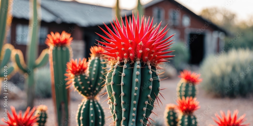 Aufkleber vibrant closeup of red thorn cactus in desert landscape with empty copy space for nature and gardeni