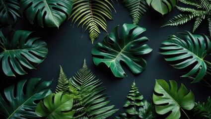 Fototapeta premium Tropical Greenery Background with Monstera, Palm, and Fern Leaves Displayed in a Flat Lay Arrangement Ideal for Nature-Themed Designs.