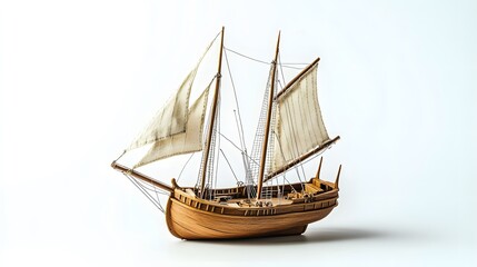Obraz premium Beautiful miniature wooden schooner boat model on plain white background