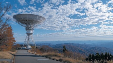 A High-Tech Satellite Dish for Telecommunications Standing on a Mountainous Landscape Under a Vast Sky with Fluffy Clouds and Scenic Views