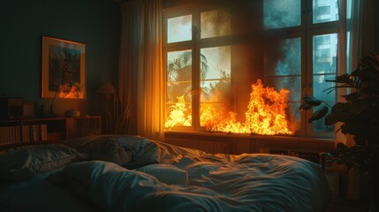 Bedroom engulfed in flames from a nearby window, creating a dramatic and dangerous scene with smoke