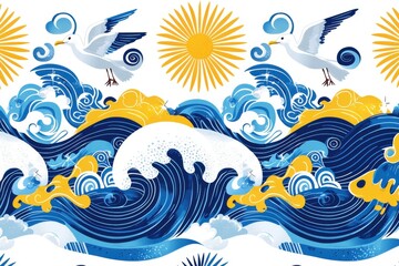 A vibrant cartoon illustration showcases waves, seagulls, and sun against a white backdrop, creating a whimsical nautical pattern, perfect for summer designs and seaside themes.