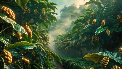 Lush Coffee Tree Plantation With Unripe Berries Beneath a Misty Canopy Surrounded by Vibrant Green Foliage and Serene Atmosphere