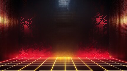A dark red and gold noise effect background with neon light shadows blends into the base background featuring a pixelated backdrop