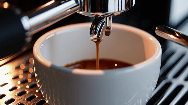 Espresso shot being poured into white cup on coffee machine, morning beverage concept