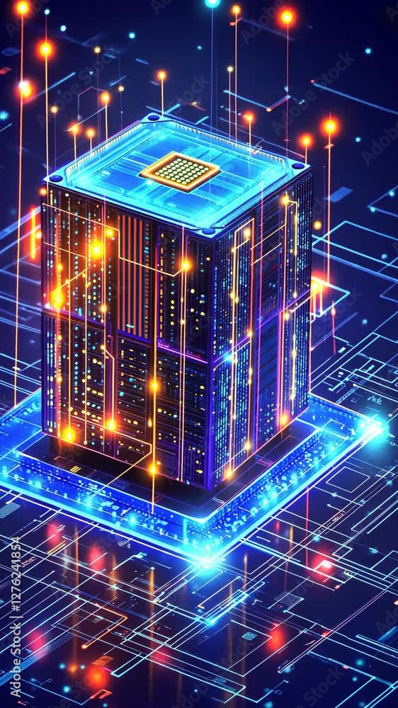 Poster futuristic data center illuminated by vibrant circuits and glowing elements