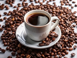 Fototapeta premium Macro Photo: Black Coffee in White Cup with Coffee Beans on White Table