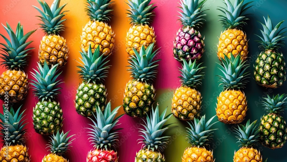Poster Vibrant Pineapple Pattern with Colorful Background and Blank Space for Text or Design Elements