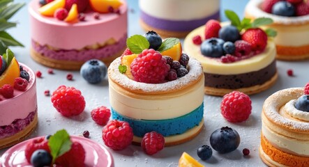 Vibrant Selection of Colorful Desserts and Pastries Decorated with Fresh Fruits on a Light Surface with Space for Text or Branding
