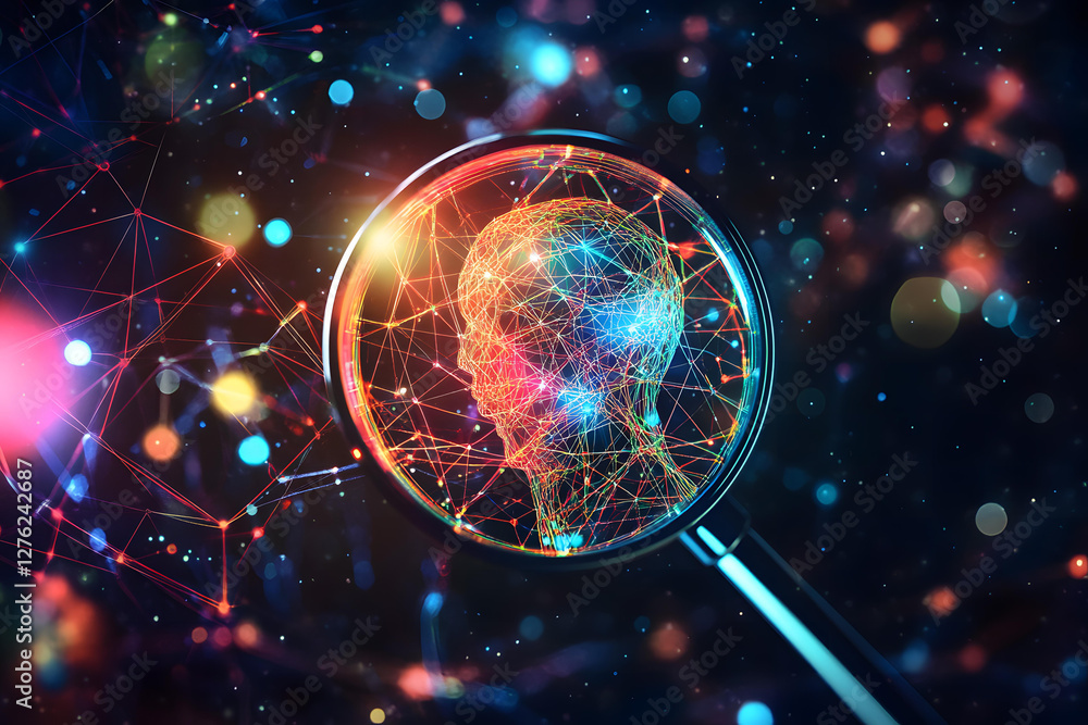 Aufkleber magnifying glass reveals a complex network of connections within a human mind abstract representatio