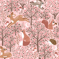 Seamless vector pattern with cute woodland animals. Hand drawn fawn, rabbit, fox and hedgehog with trees. Perfect for textile, wallpaper or print design. EPS10 vector file.