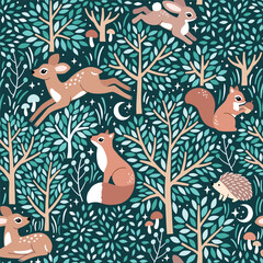 Seamless vector pattern with cute woodland animals. Hand drawn fawn, rabbit, fox and hedgehog with trees. Perfect for textile, wallpaper or print design. EPS10 vector file.