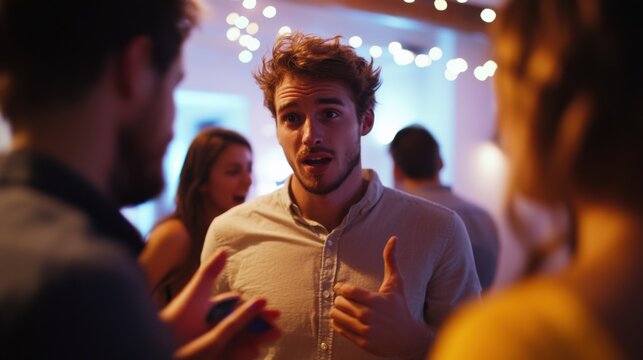 Social media rumors affecting a man at a party. Featuring distraction and concern