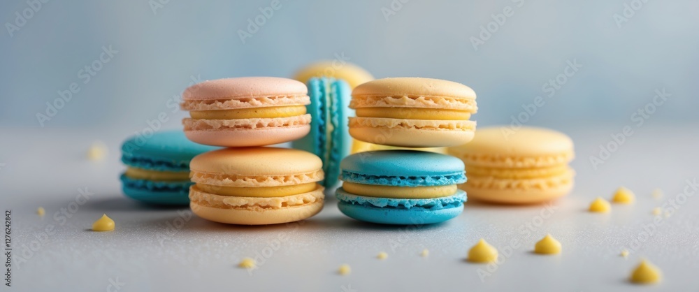 Poster colorful blue and yellow macarons stacked on light background with sweet sprinkles and empty space f