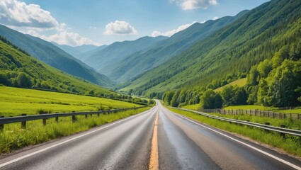 Naklejka premium Scenic Country Road Through Lush Green Mountains Under Clear Blue Sky Ideal For Text Overlay And Nature Promotion