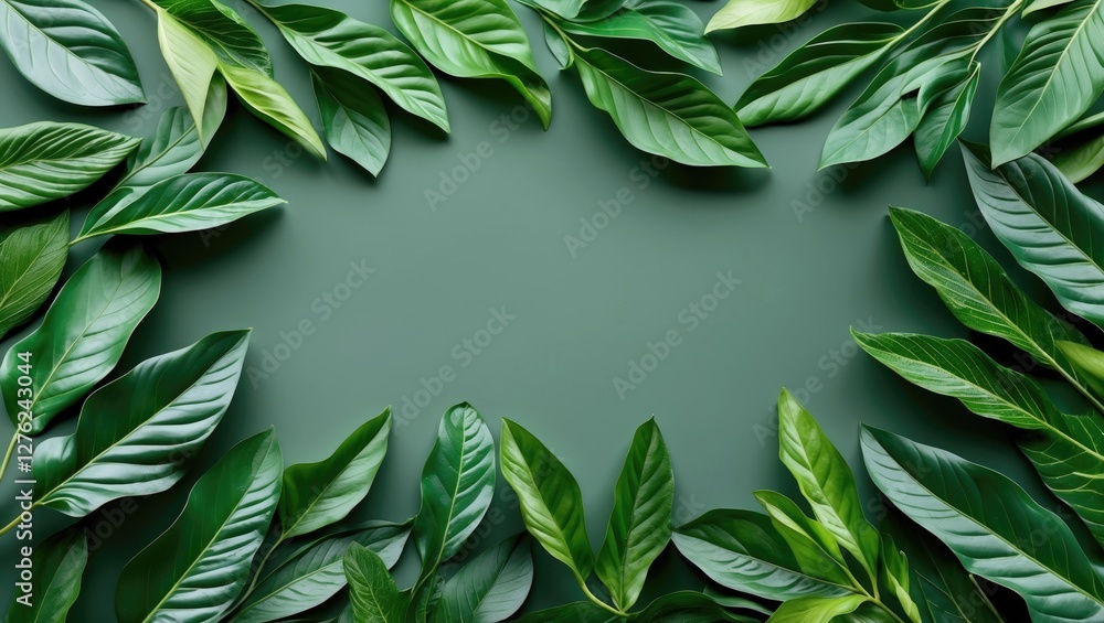 Poster elegant flat lay of lush green leaves on a calm background with ample space for text or design eleme