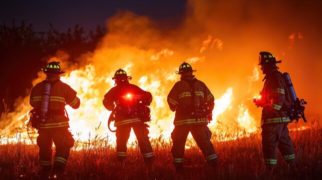 Brave firefighters battling a massive wildfire at twilight, showcasing teamwork and courage in dangerous conditions