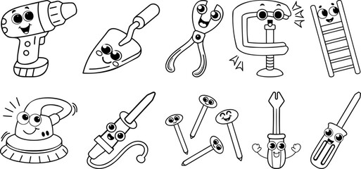 Obraz premium Cute Construction Tools Doodle Set with Smiling Faces