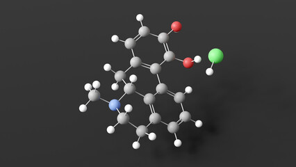 apomorphine hydrochloride molecule 3d, molecular structure, ball and stick model, structural chemical formula antiparkinsonian agent