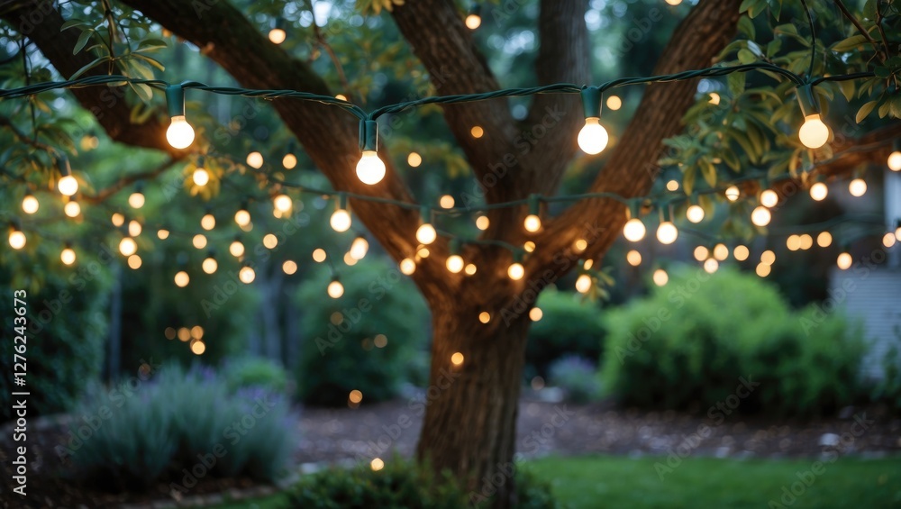 Poster string lights elegantly draped on a tree in a tranquil garden setting with ample empty space for tex