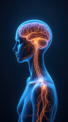 Image of a human head with highlighted brain and central nervous system for VNS, vagus nerve stimulation.