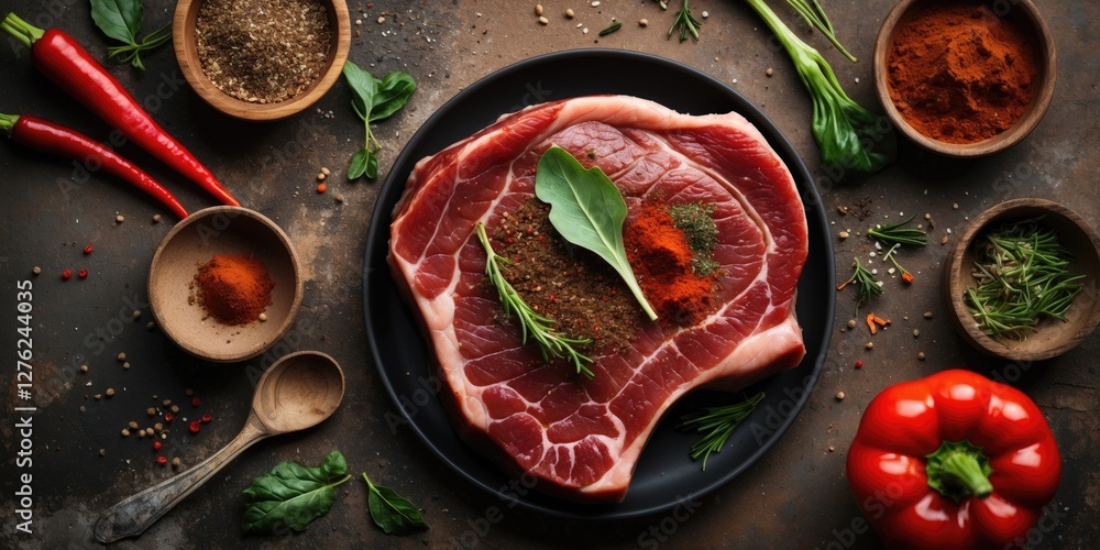 Poster raw pork steak seasoned with spices surrounded by fresh vegetables on rustic background with space f
