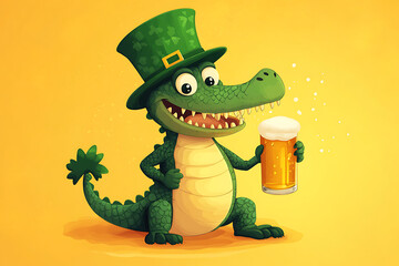 Cheerful cartoon crocodile wearing a green top hat, holding a beer, set against a bright yellow background