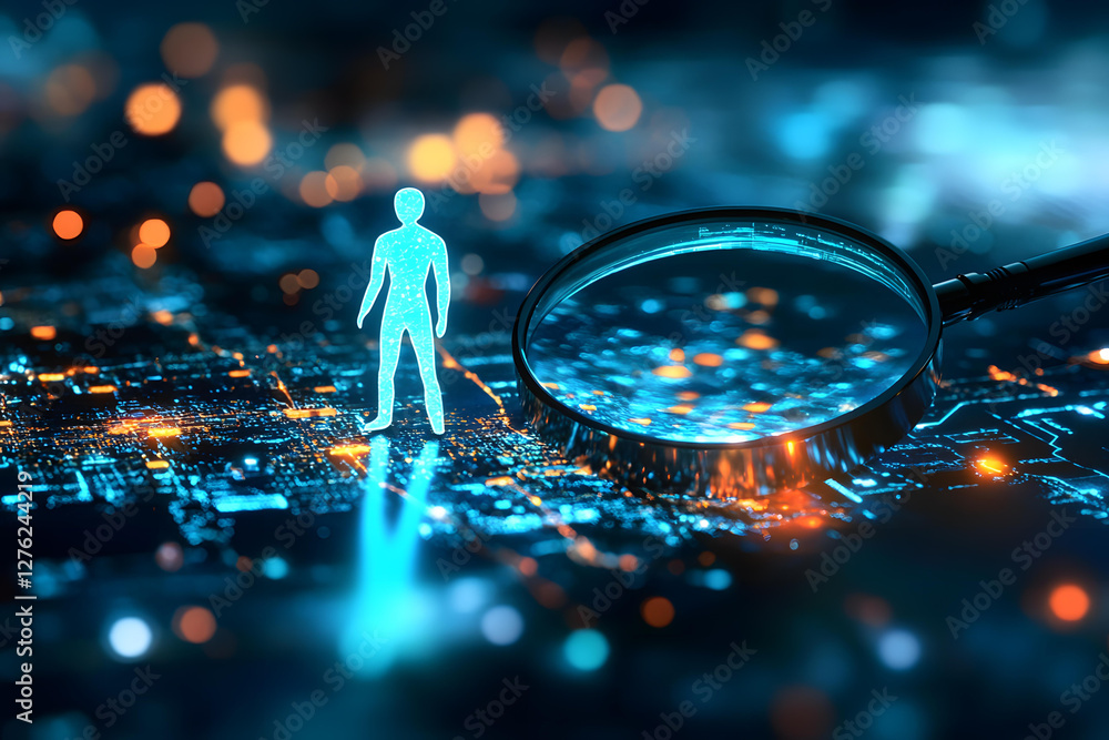 Poster digital person identification and location tracking with magnifying glass on circuit board