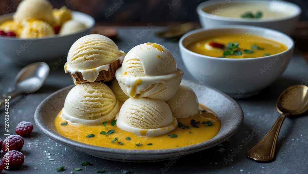 Poster ice cream scoops served with sweet soup in a bowl surrounded by fresh berries and empty space for cu