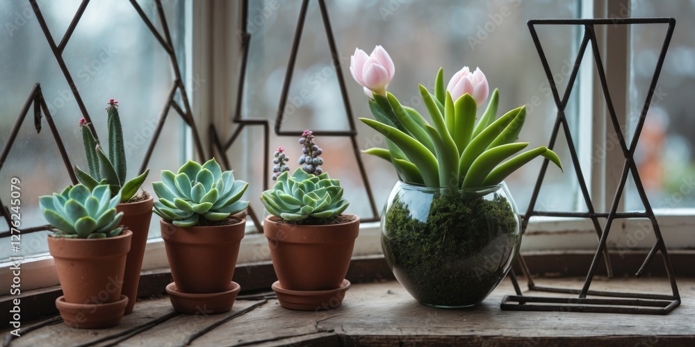 Poster spring indoor plant arrangement with succulents and tulips on windowsill emphasizing ecology and emp
